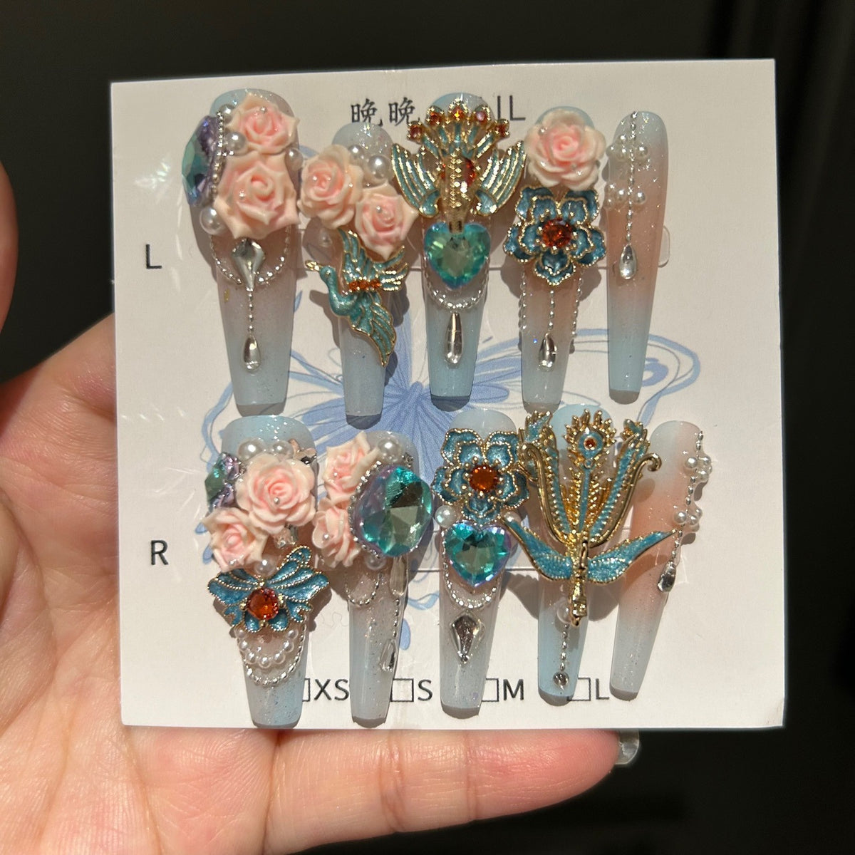 Blue and Gold Gradient Coffin Press-on Nails with 3D Pink Rose, Enamel Peacock Charms, and Hanging Pearl Drops - Oriental Glam Fake Nail Set