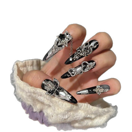 Handmade Dark Gothic Press On Nails | Luxury Heavy Industry Silver Chain & 3D Metal Art Reusable Fake Nails, Edgy Black Stiletto Nail Art