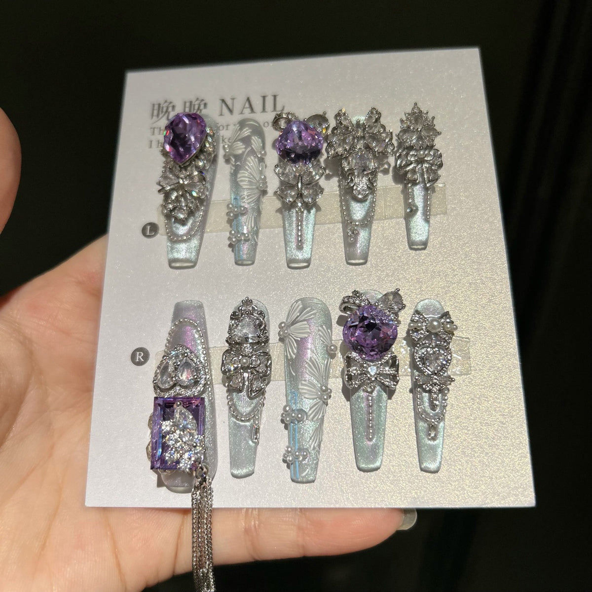 Handmade Mint Green Cat Eye Long Coffin Press On Nails with Giant Purple Heart Crystals, White 3D Butterfly Prints, Silver Rhinestone Bows & Dangling Chains