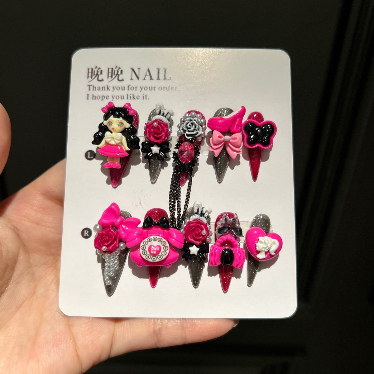 Black & Pink Cat Eye Stiletto Press-on Nails with 3D Anime Doll, Retro Telephone, Rose Flower, High Heels, and Interlinked Chain - Y2K Kawaii Fake Nail Set