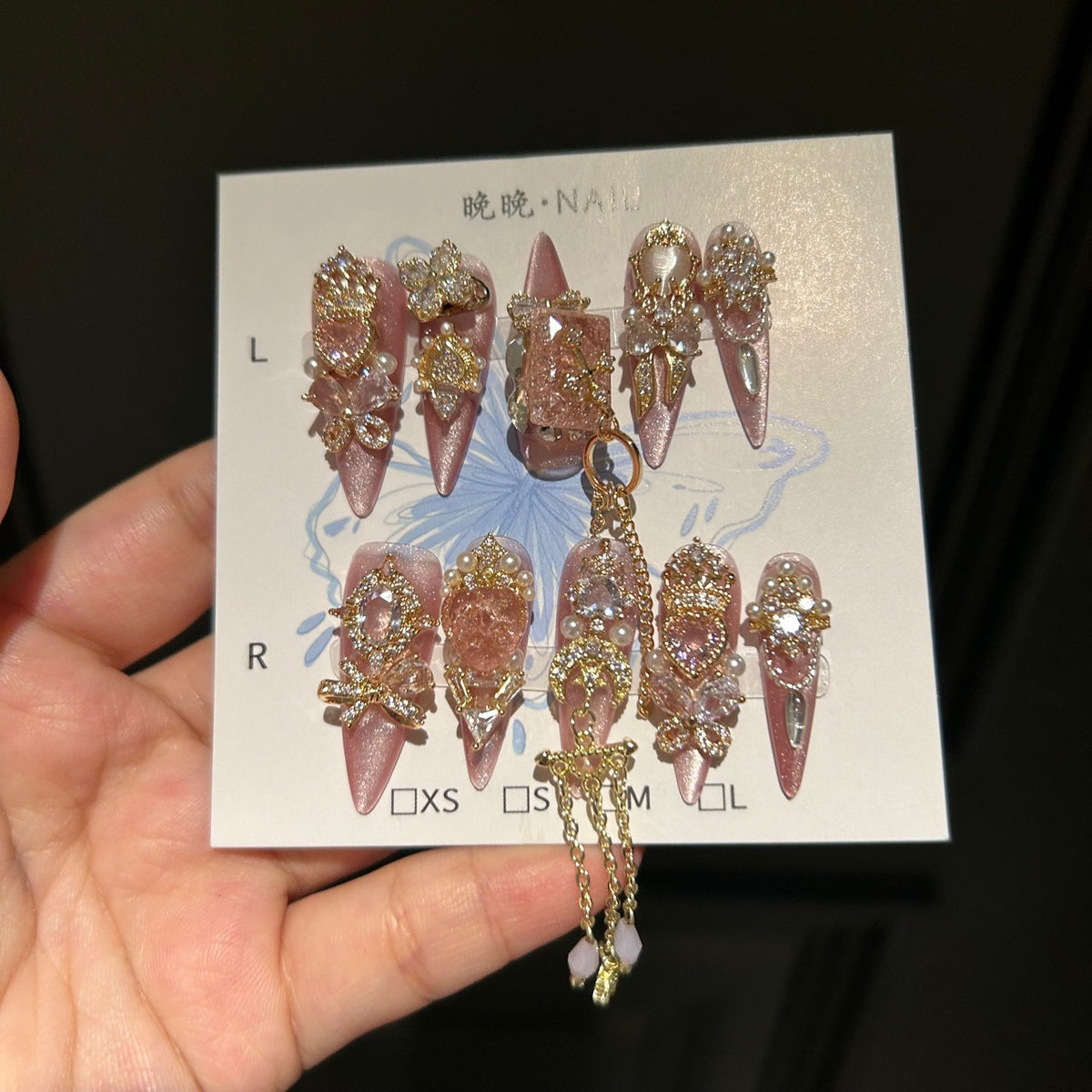 Handmade Pink Cat Eye Long Stiletto Press On Nails, Luxury Gold Butterfly & Heart Gem False Nails with Dangling Gold Chains