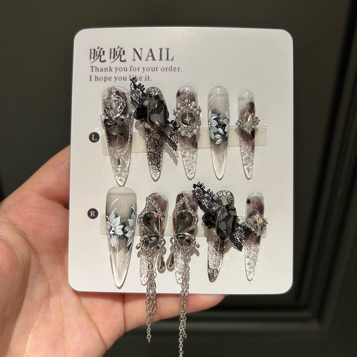 Handmade Smoky Grey Ink Wash Long Stiletto Press On Nails with Black Lace, White Floral & Giant Crystal Charms