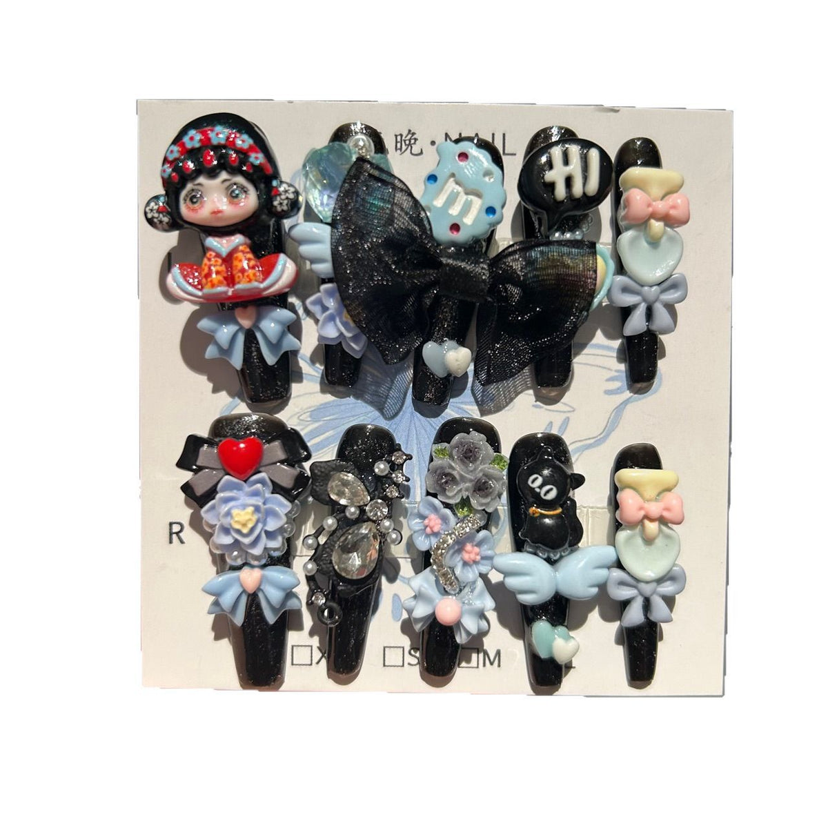 Handmade Black Glitter Long Stiletto Press On Nails with 3D Chinese Style Doll, Big Black Bow, Flower & Cute Cartoon Charms
