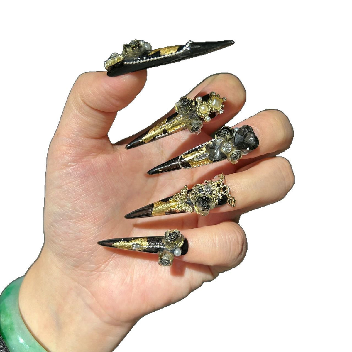Handmade Black Gold Foil Press On Nails, Long Stiletto Royal Gothic False Nails with 3D Black Roses, Pearls, Large Rhinestones & Dangling Gold Chain, Reusable Fake Nails for Party Cosplay