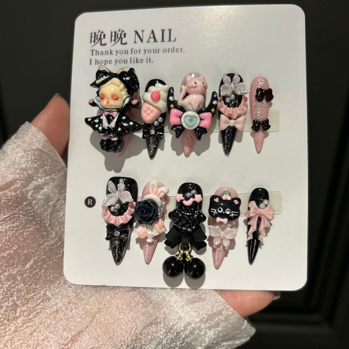 Gothic Black & Pink Cat Eye Stiletto Press-on Nails with 3D Doll Figurine, Black Rose, Cute Cat, Folding Fan, and Cherry Charm - Y2K Sweet Cool Fake Nail Set
