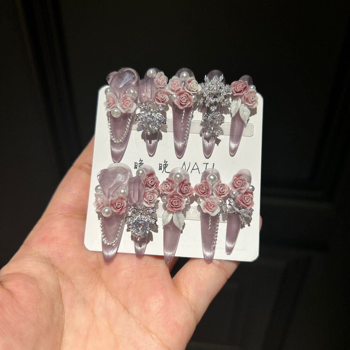 Handmade Dusty Pink Cat Eye Long Stiletto Press On Nails with 3D Pink Roses, Silver Rhinestone Charms, Pearls & Sheer Organza Bows
