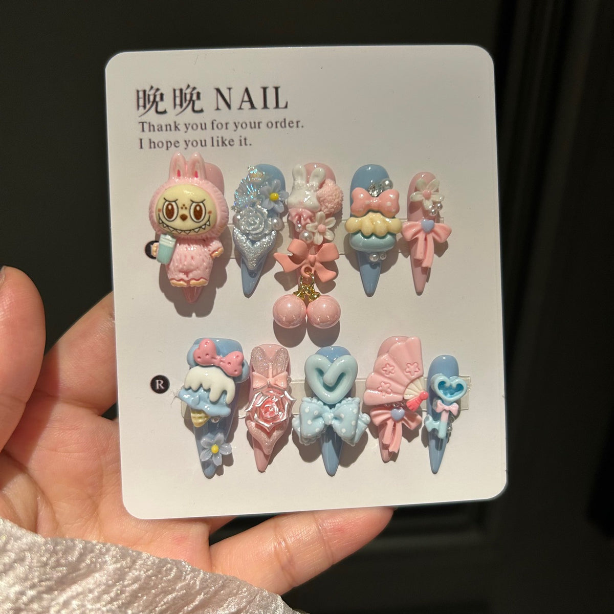 Handmade Cute Pink Blue Labubu Character Long Stiletto Press On Nails with 3D Charms & Bows