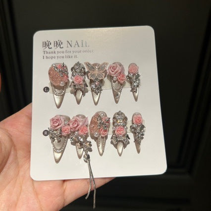 Handmade Champagne Cat Eye Long Stiletto Press On Nails with 3D Pink Roses, Lace Butterfly & Rhinestone Chain Charms