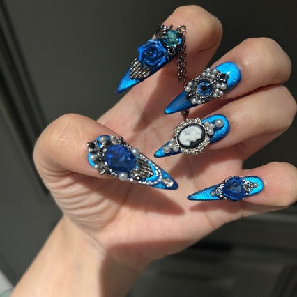 Handmade Royal Blue Gothic Press On Nails, Long Stiletto Metallic False Nails with 3D Blue Rose, Cameo Portrait, Pearls Rhinestones & Dangling Chain, Reusable Fake Nails for Party Cosplay