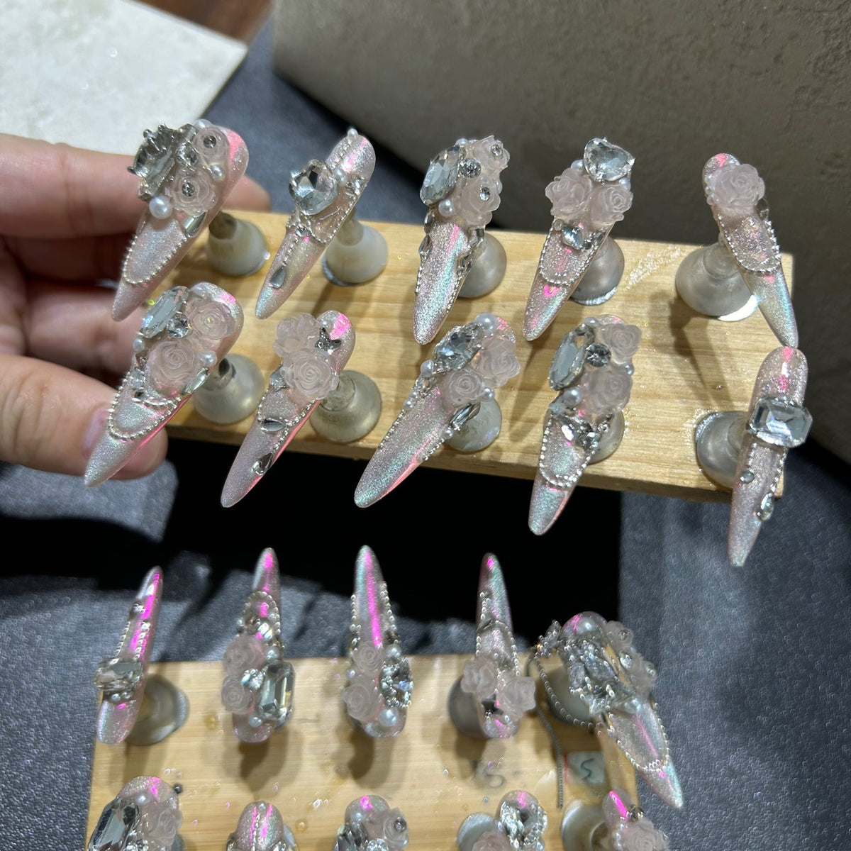 Handcrafted Designer Nude Pink Press-on Nails - Shimmering Cat Eye Base with Heavy 3D Rose Flowers, Crystals and Pearl Drops