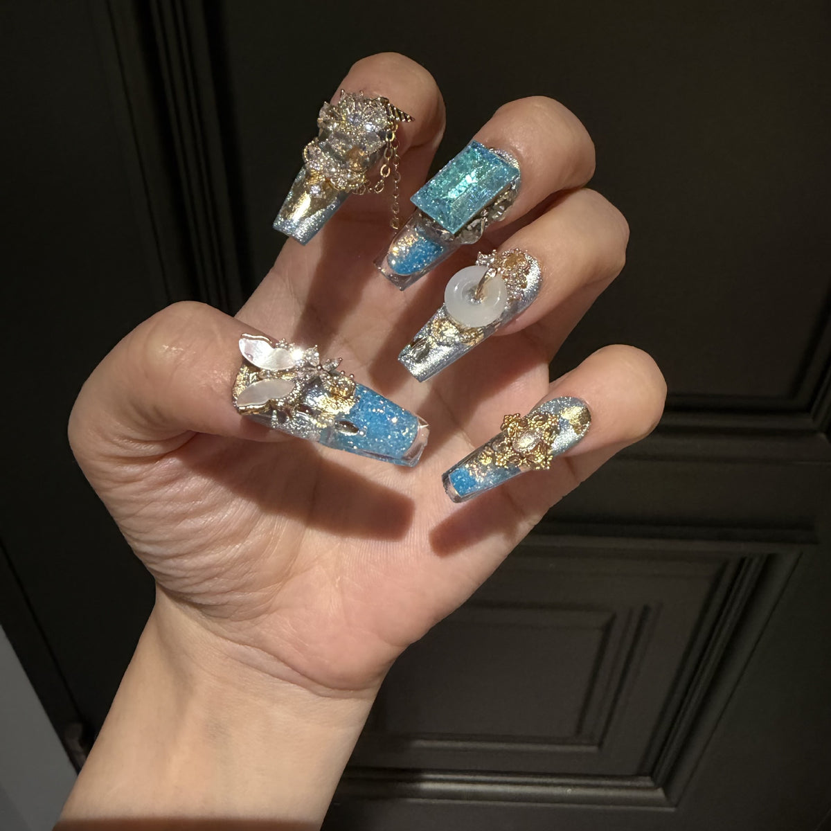 Blue and Gold Luxury Coffin Press-on Nails with 3D Crystal Gem, Jade Ring, Mother-of-Pearl Butterfly, and Golden Charms - Statement Fake Nail Set
