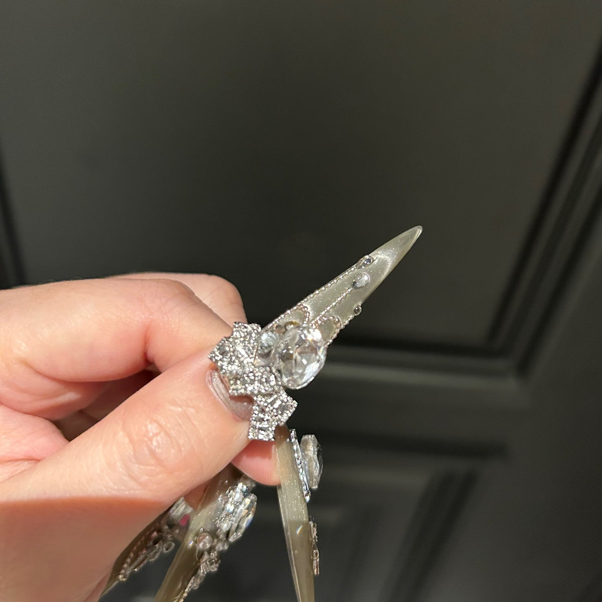 Handcrafted Designer Silver Press-on Nails - Shimmering Cat Eye Base with Heavy 3D Rhinestones, Large Crystals and Pearl Edging