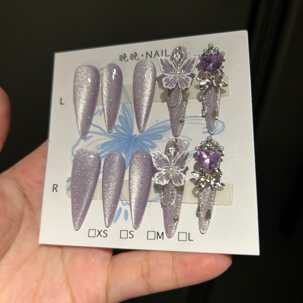 Handmade Lavender Cat Eye Press On Nails, Long Stiletto Fairy False Nails with 3D White Butterfly, Large Purple Heart Rhinestone, Pearls & Dangling Chain, Reusable Fake Nails for Wedding & Party