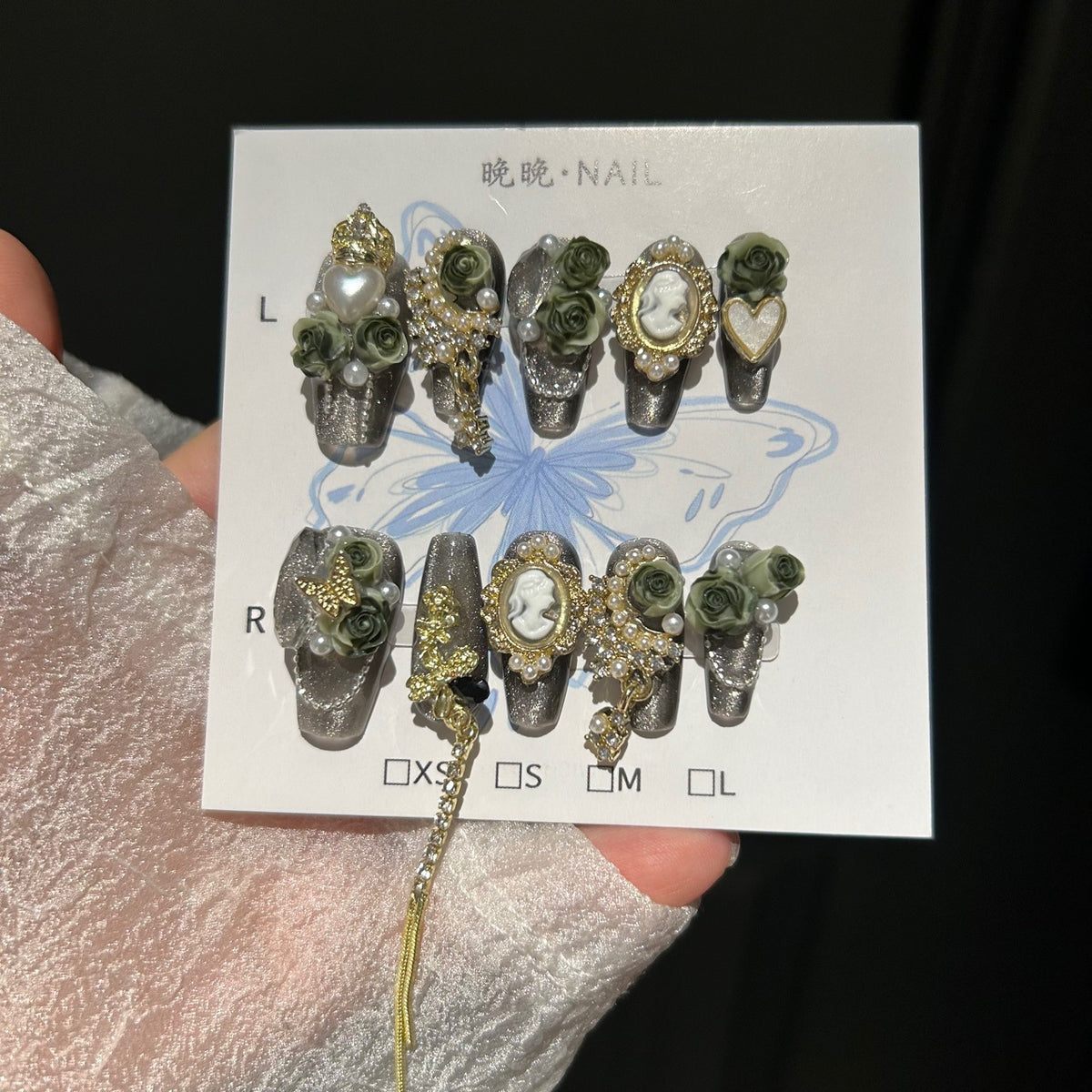 Handmade Vintage Dark Grey Glitter Long Coffin Press On Nails with 3D Olive Green Roses, Cameo Portrait Charms, Gold Metal Ornaments, Pearls & Dangling Tassels