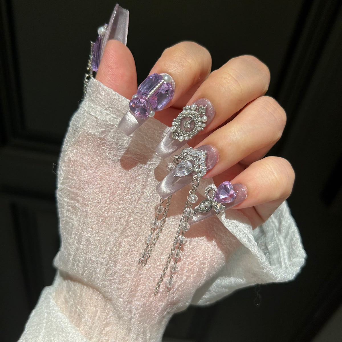 Handmade Light Lavender Cat Eye Long Coffin Press On Nails with Giant Purple Heart & Rectangle Crystals, Silver Rhinestone Bow Charms, Pearls & Dangling Chains