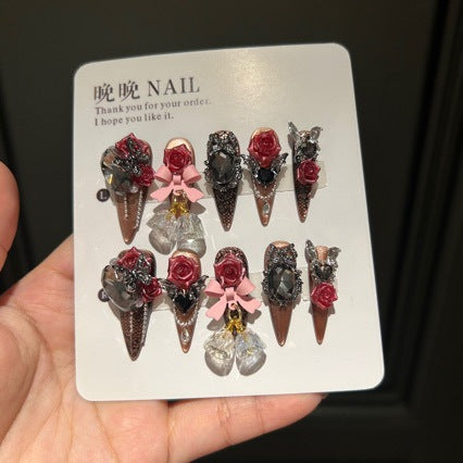 Handmade Brown Cat Eye Press On Nails | Luxury Heavy Industry 3D Red Rose, Pink Bow & Hanging Charms Reusable Fake Nails, Goth Art