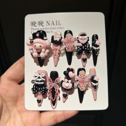 Handmade Pink Black Polka Dot Long Stiletto Press On Nails with 3D Cartoon Character, Bows & Rose Charms