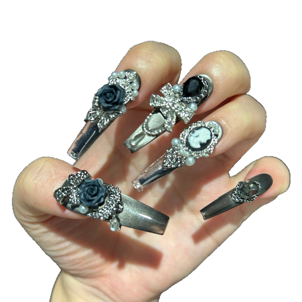 Handmade Gunmetal Metallic Long Coffin Press On Nails with Black Roses, Vintage Cameo & Rhinestone Bow Charms