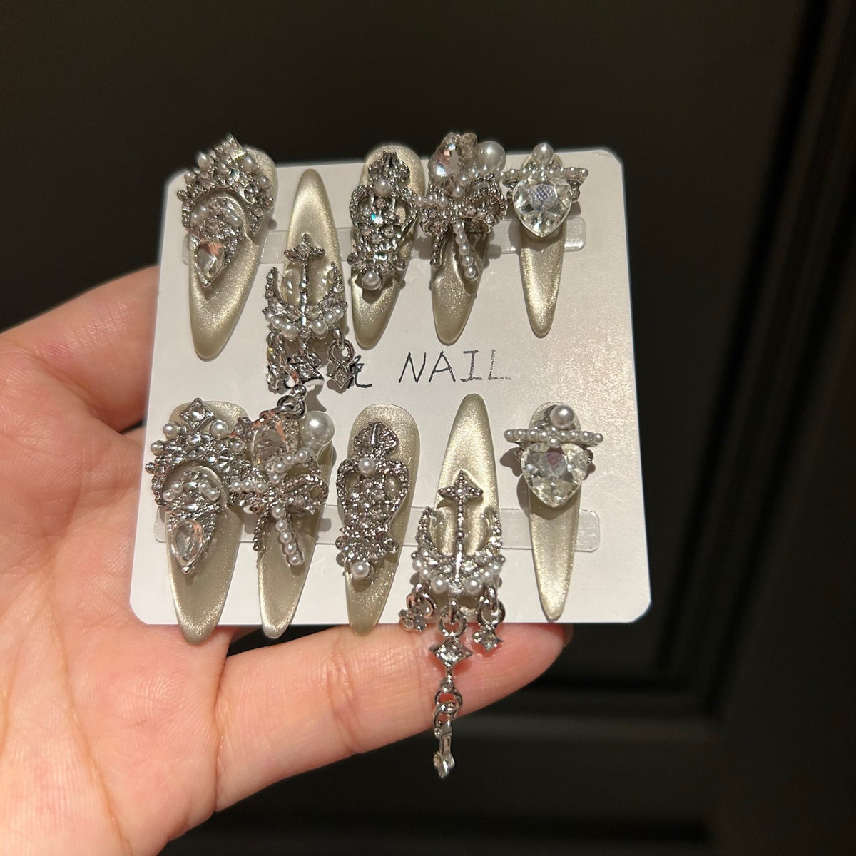 Handmade Champagne Gold Crown Long Stiletto Press On Nails with Pearls, Heart Crystals & Dangling Charms