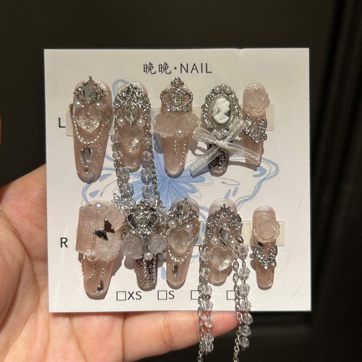 Handmade Milky Pink Shimmer Long Stiletto Press On Nails with Vintage Cameo, 3D Roses, Giant Heart Crystals & Long Crystal Chains