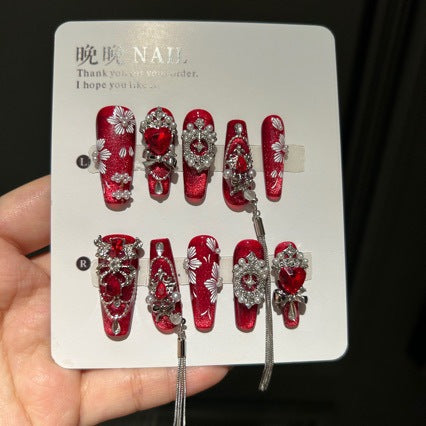 Handmade Red Cat Eye Press On Nails | Luxury Heavy Industry Red Gemstone, White Floral & Tassel Chain Reusable Fake Nails