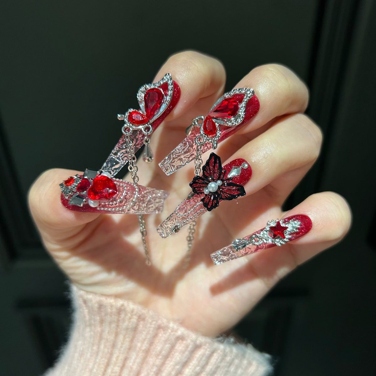 Handmade Red Glitter Ombre Clear Long Coffin Press On Nails with Red Heart Crystals & Black Butterfly Charms