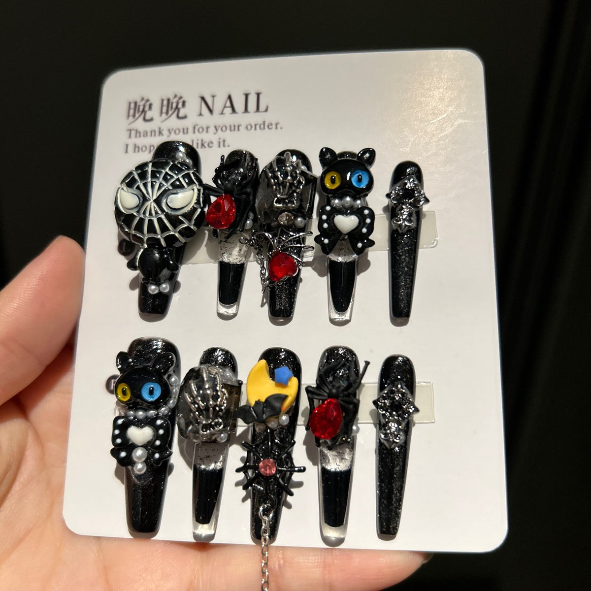 Handmade Black Glitter Long Coffin Press On Nails with 3D Black Cat, Spider, Bat, Skeleton Hand Charms, Red Crystals & Chain Tassels