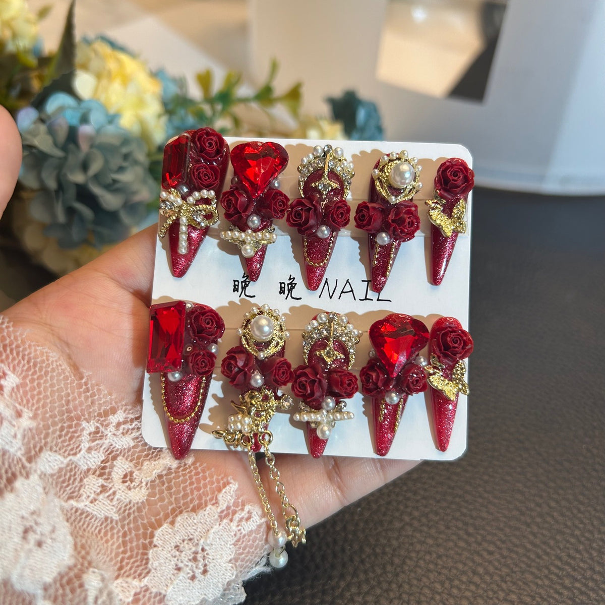 Handmade Red Glitter Long Stiletto Press On Nails with 3D Red Roses, Giant Red Heart Crystals, Gold Metal Accents & Pearl Chain Tassels
