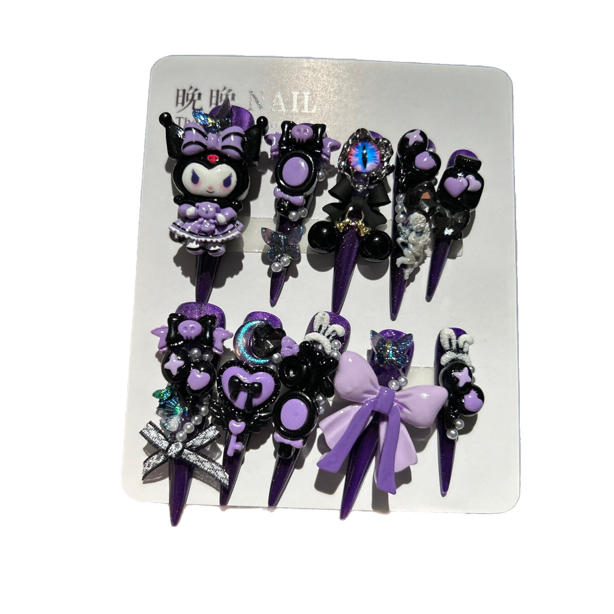 Handmade Purple Black Long Stiletto Press On Nails with 3D Kuromi Charms, Evil Eye, Bows, Skulls & Butterfly Rhinestones