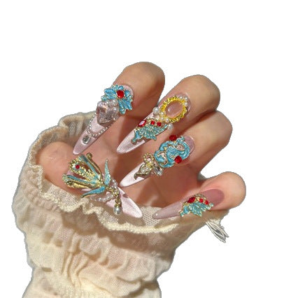 Handmade Pastel Pink Chinese Style Long Stiletto Press On Nails with Turquoise Phoenix Charms, Red Gem Accents, Pearl Clusters & Gold Filigree