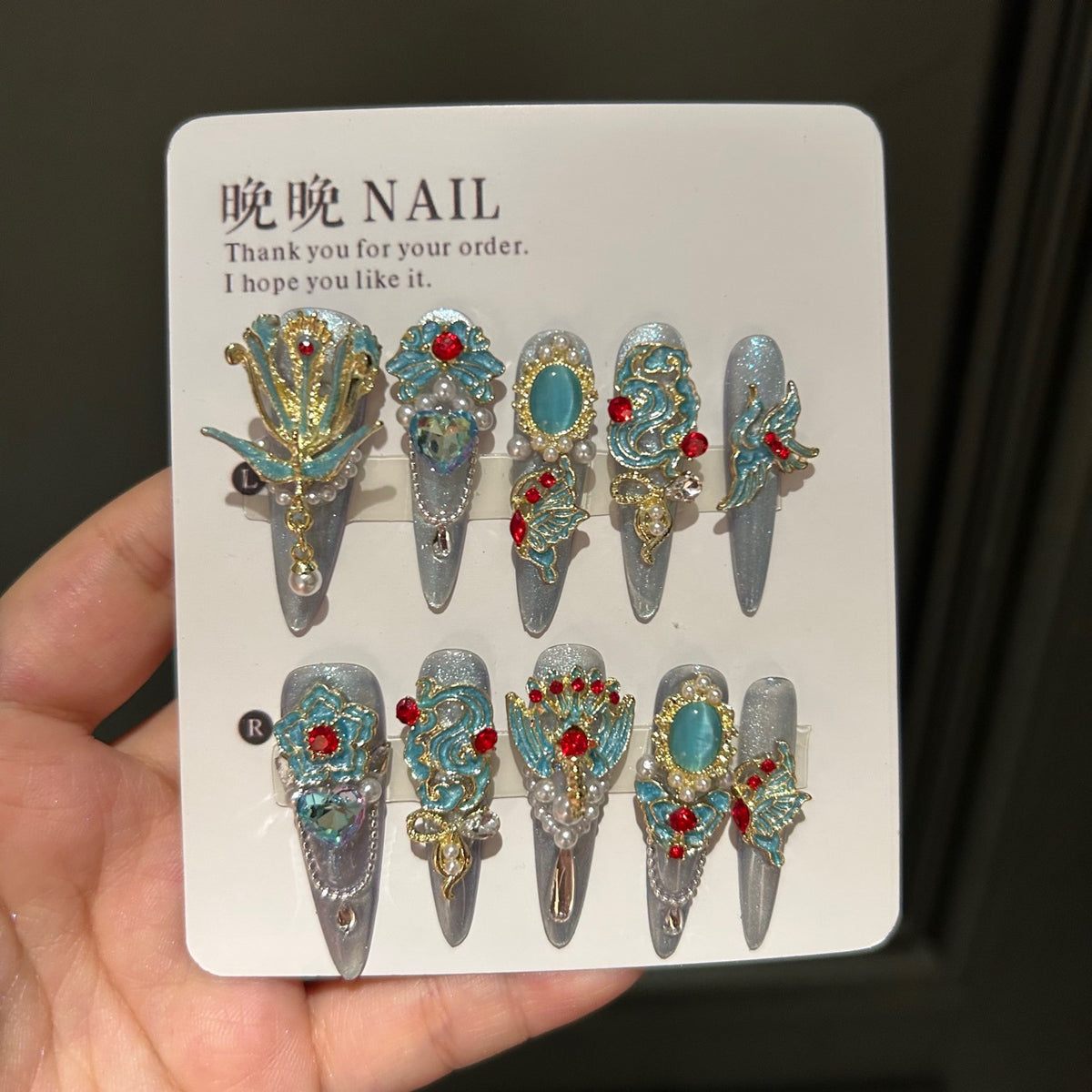 Handmade Silver Cat Eye Long Stiletto Press On Nails with Vintage Chinese Style Gold & Teal Metal Charms, Red Rhinestones, Cat Eye Gem & Pearls