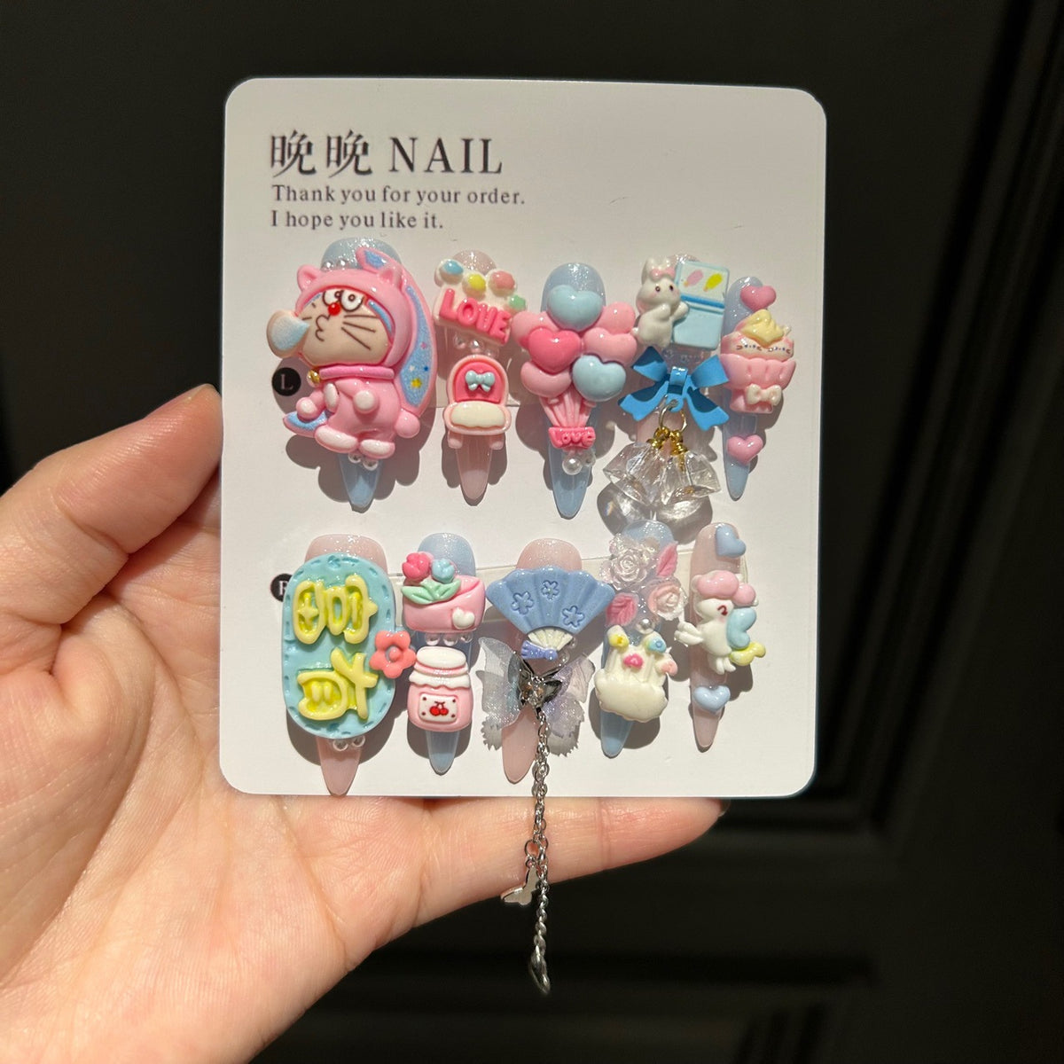 Handmade Cute Cartoon Long Stiletto Press On Nails, 3D Kawaii Character Rabbit Dessert False Nails with Heart Charms & Dangling Chains