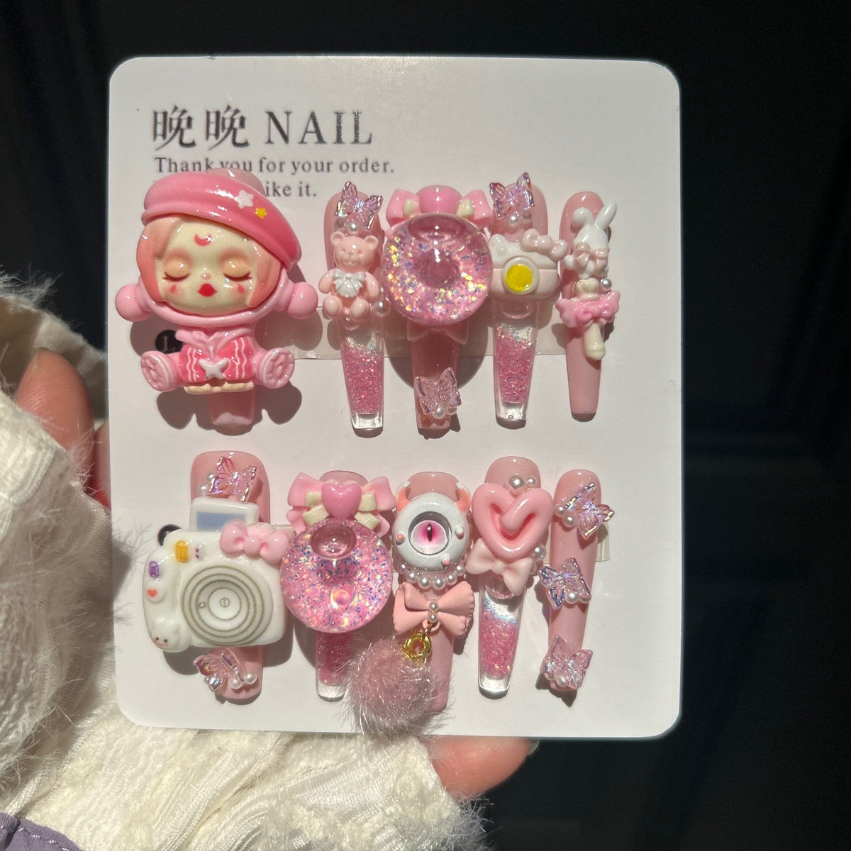 Handmade Pink Kawaii Press On Nails, Long Stiletto Weirdcore False Nails with 3D Sleeping Doll, Camera, Eyeball, Bunny & Bear Charms, Glitter Bubble Ball, Butterfly & Bow Rhinestones, Reusable Fake Nails for Cosplay & Party