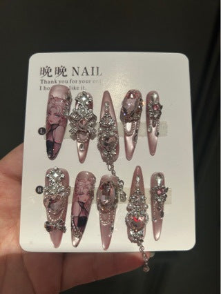 Handmade Pink Anime Portrait Long Stiletto Press On Nails, Pink Crystal False Nails with Silver Bow, Pearls & Dangling Chains