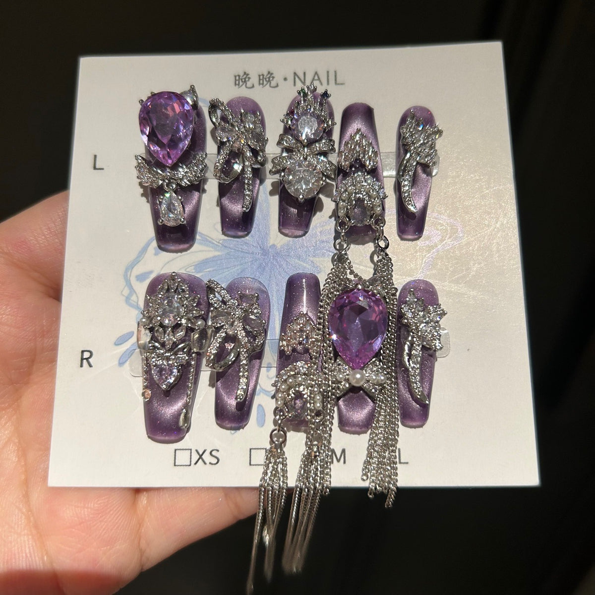 Handmade Purple Metallic Long Square Press On Nails with Giant Teardrop Purple Crystals, Silver Rhinestone Bows, Crown Charms & Long Tassel Chains