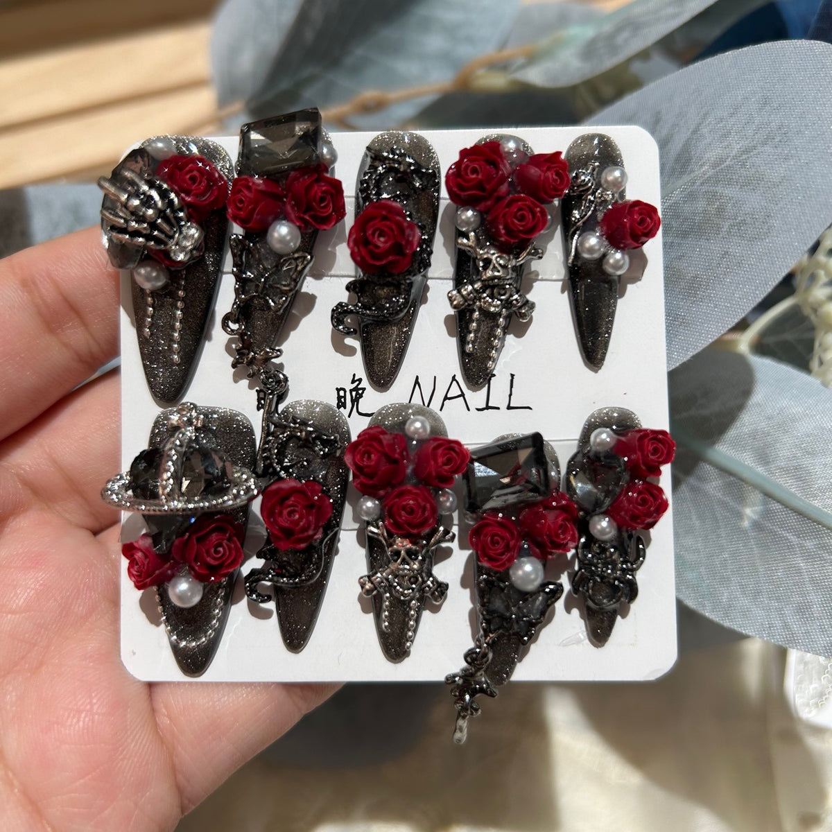 Handcrafted Designer Dark Aesthetic Press-on Nails - Shimmering Cat Eye Base with Heavy 3D Red Roses, Skull Art and Crystals