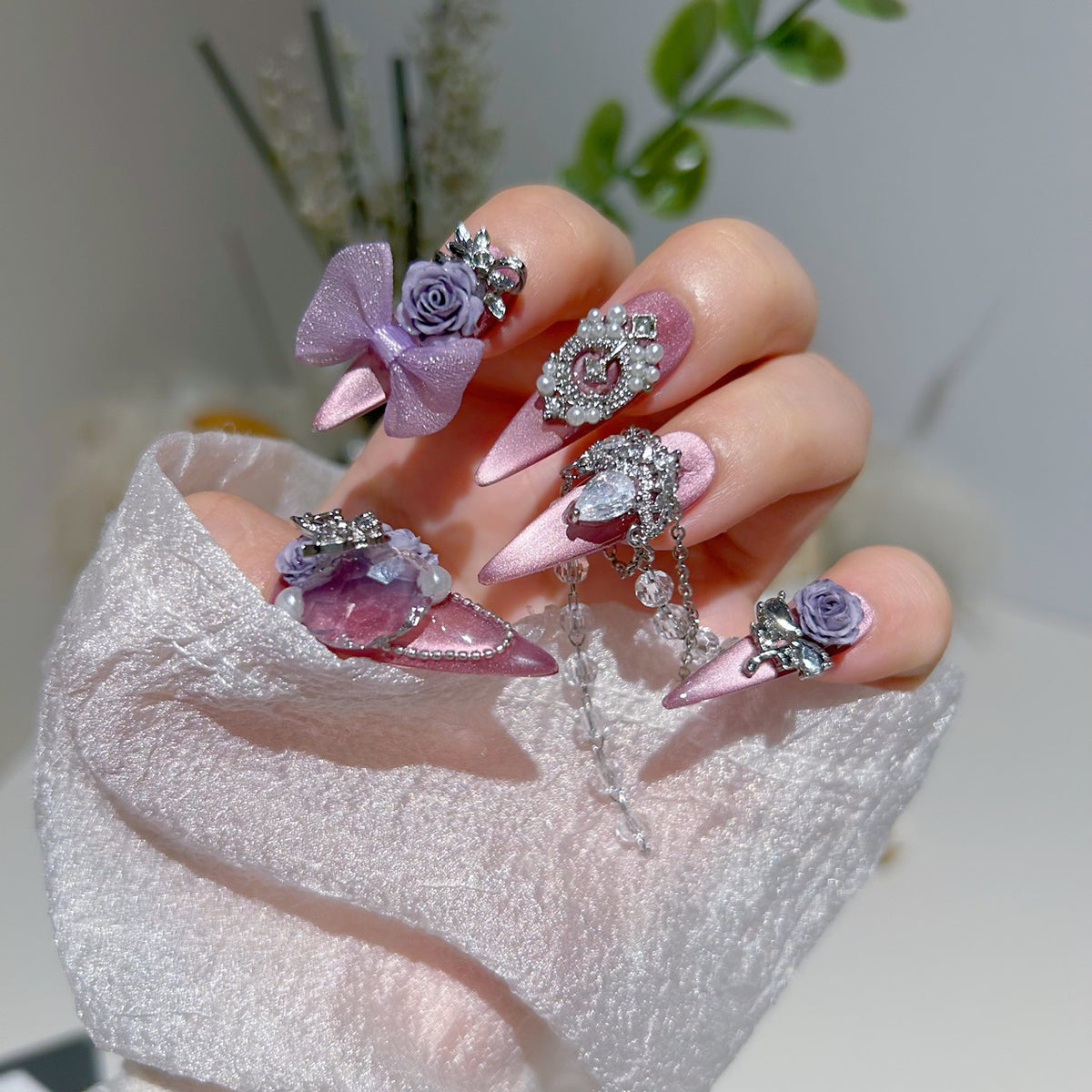 Mauve Pink Cat Eye Stiletto Press-on Nails with 3D Dusty Purple Roses, Sheer Organza Bow, Vintage Frame, and Crystal Draping Chain - Luxury Glam Fake Nail Set