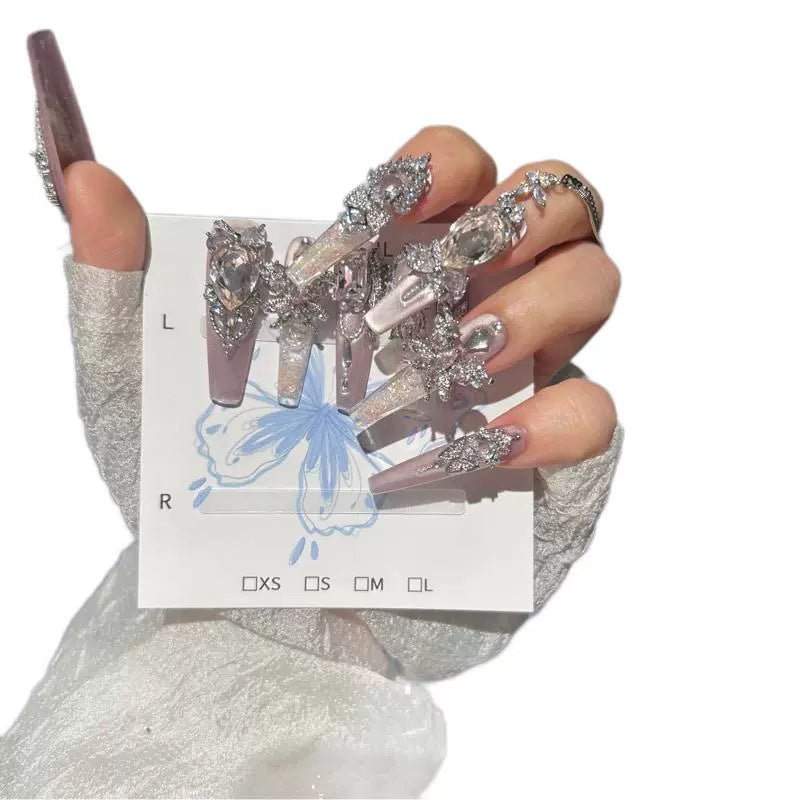 Smoky Pink Cat Eye Coffin Press-on Nails with Over-sized Pink Crystal Gems, Silver Bow, and Hanging Chain - Luxury Glam Fake Nail Set