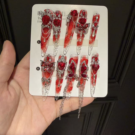 Handmade Red Petal Clear Long Stiletto Press On Nails with Large Red Heart Crystals & Butterfly Silver Charms