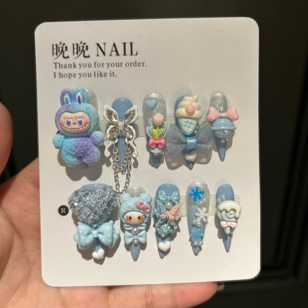 Handmade Blue Kawaii Long Stiletto Press On Nails, 3D Cartoon Character False Nails with Bow, Butterfly & Resin Charms