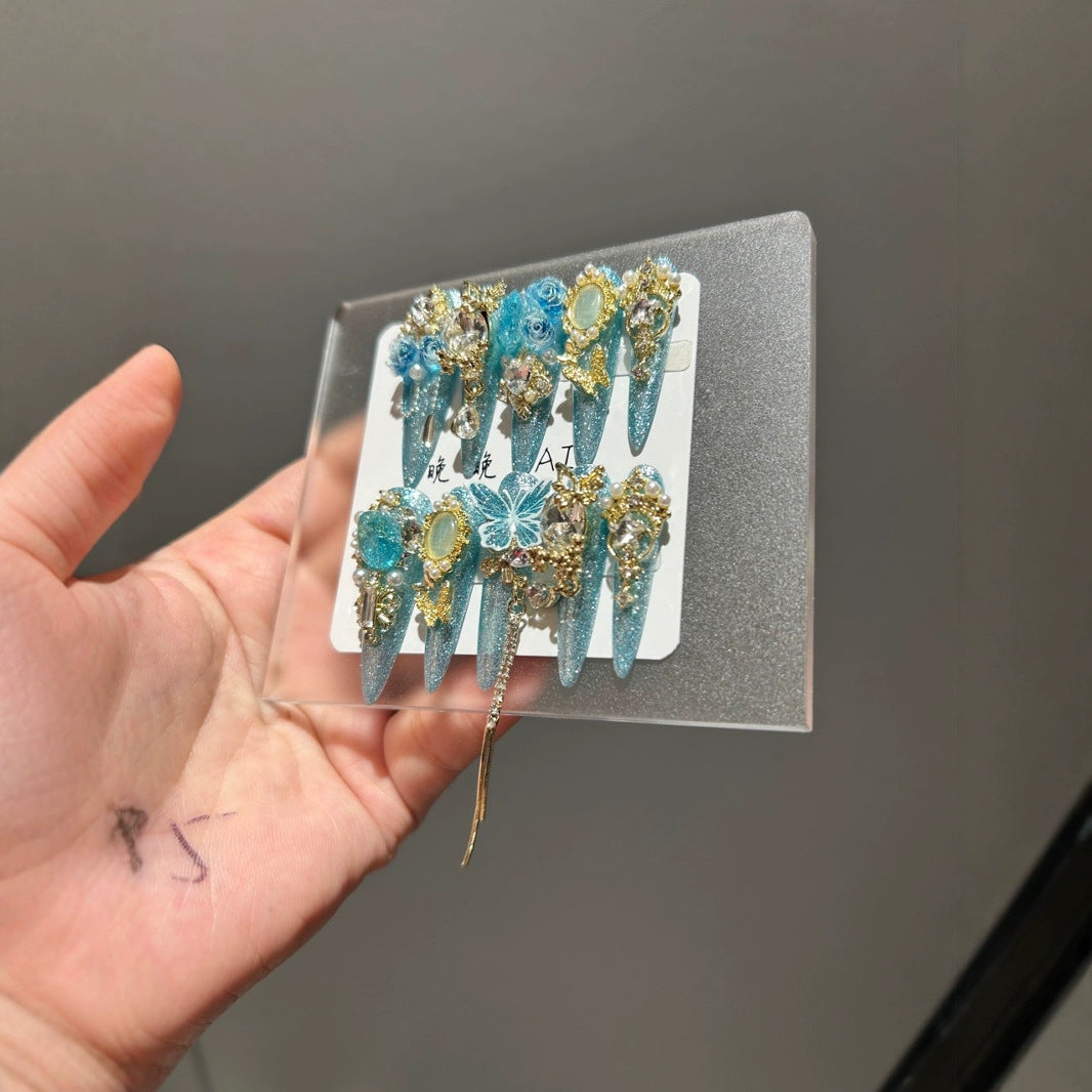 Handmade Turquoise Glitter Long Stiletto Press On Nails with 3D Blue Roses, Lace Butterfly, Gold Frame Charms & Dangling Chains