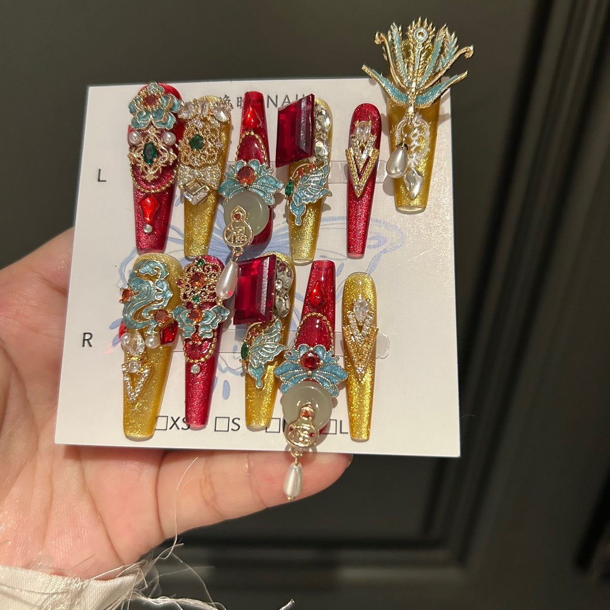 Handmade Chinese Style Red & Gold Long Coffin Press On Nails with Phoenix Metal Charms, Jade Accents, Red Gems, Pearls & Dangling Pendants