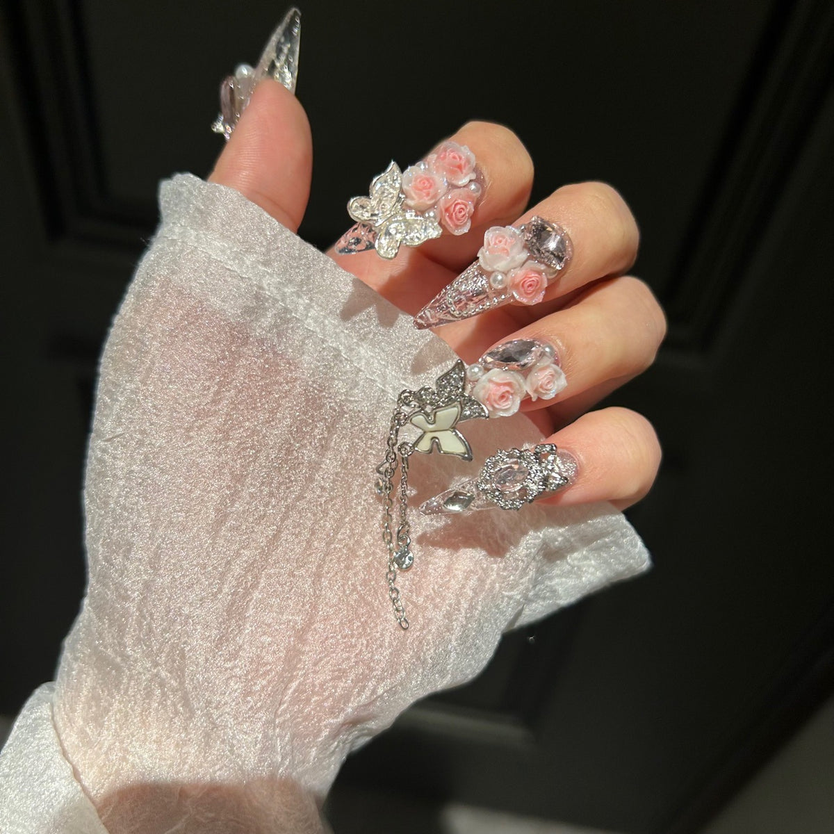 Pink Cat Eye Stiletto Press-on Nails with 3D Rose, Crystal Rhinestone, and Hanging Chain Charms - Luxury Fairy Fake Nail Set