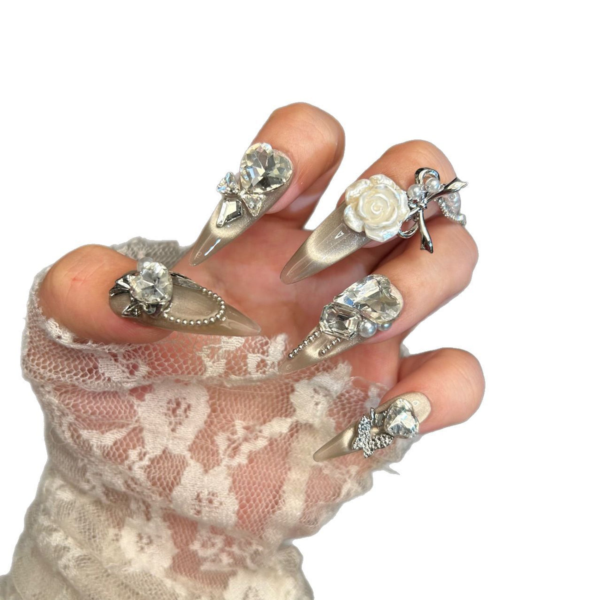 Champagne Cat Eye Stiletto Press-on Nails with Oversized Crystal Diamonds, 3D White Rose, Bow, and Pearl Rhinestone Chain - Luxury Glam Fake Nail Set