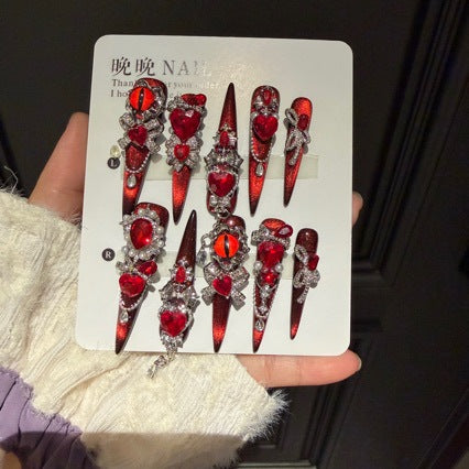 Handmade Red Evil Eye Press On Nails | Luxury Heavy Industry Rhinestone & 3D Heart Reusable Fake Nails, Dark Goth Red Cat Eye Nail Art