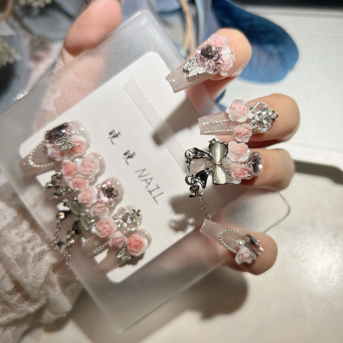 Handmade Sheer Pink Glitter Long Stiletto Press On Nails with 3D Pink Roses, Crown, Pink Heart Crystals & Silver Chain Tassels
