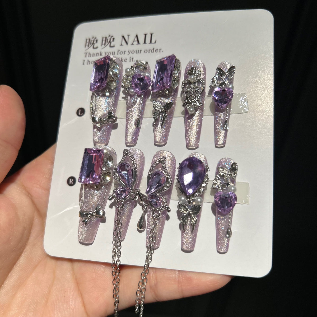 Handmade Lavender Cat Eye Long Coffin Press On Nails with Giant Purple Crystals, Silver Butterfly Charms, Pearl Accents & Silver Chain Tassels