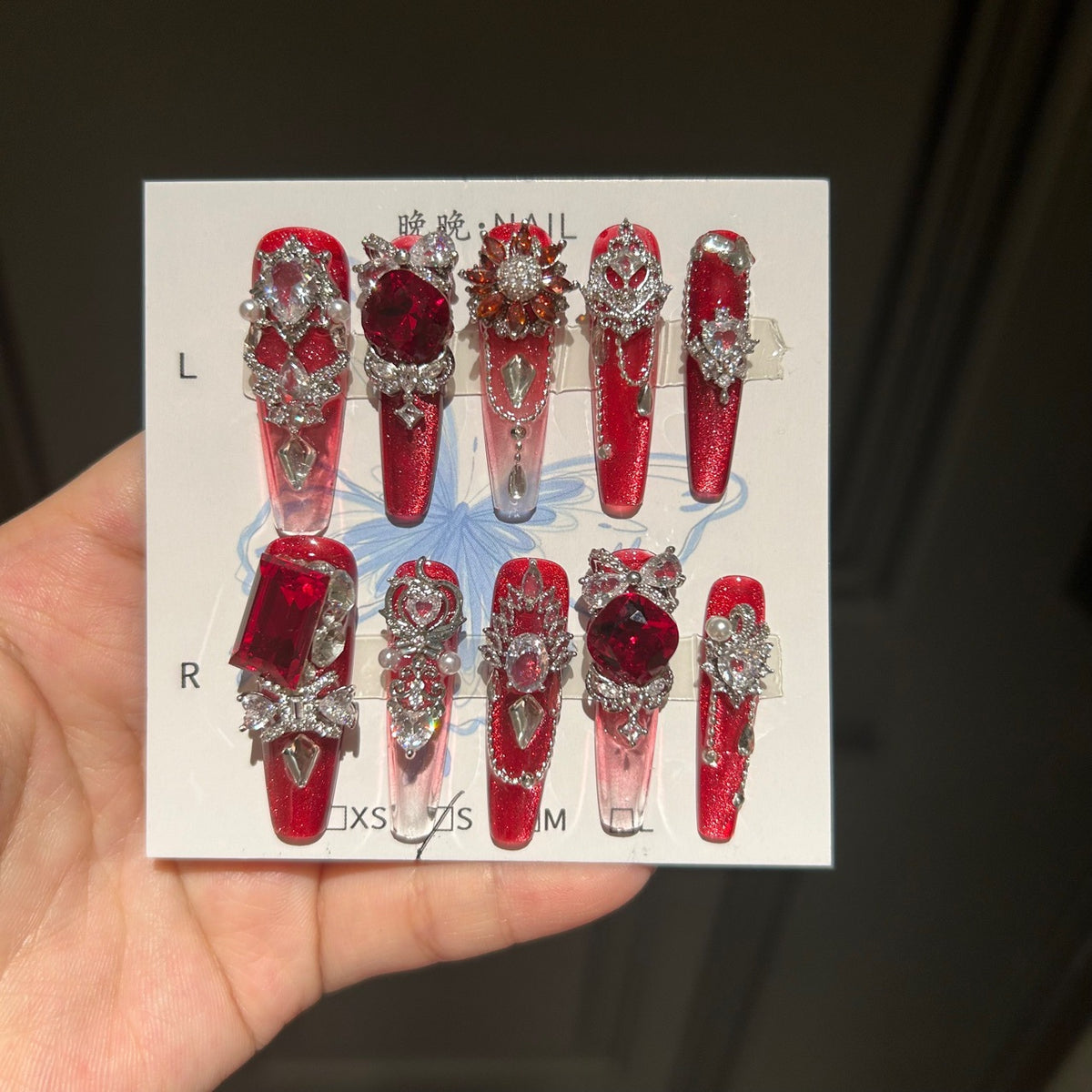 Handmade Red Glitter Gradient Long Coffin Press On Nails with Giant Ruby Crystals, Silver Rhinestone Filigree & Pearl Accents