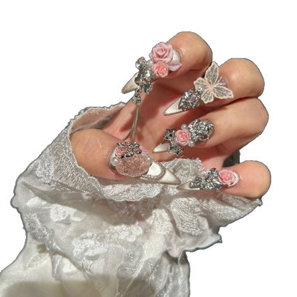 Handmade Champagne Cat Eye Long Stiletto Press On Nails with 3D Pink Roses, Lace Butterfly & Rhinestone Chain Charms