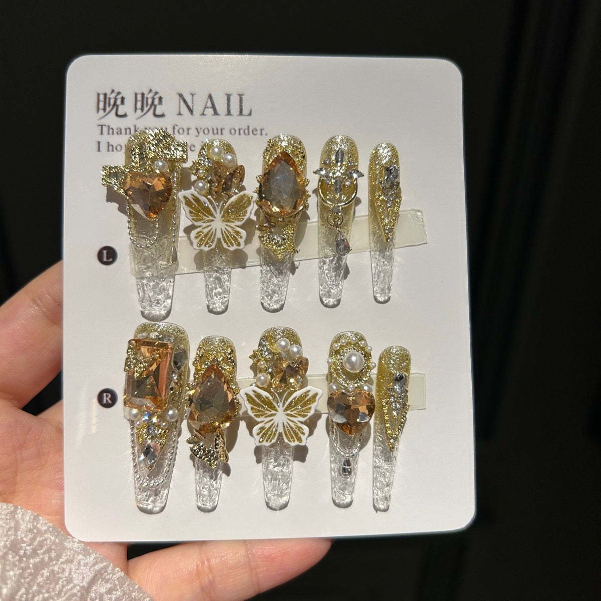 Handmade Clear Gold Glitter Long Stiletto Press On Nails, 3D White Butterfly False Nails with Champagne Heart Gems, Pearls & Rhinestones